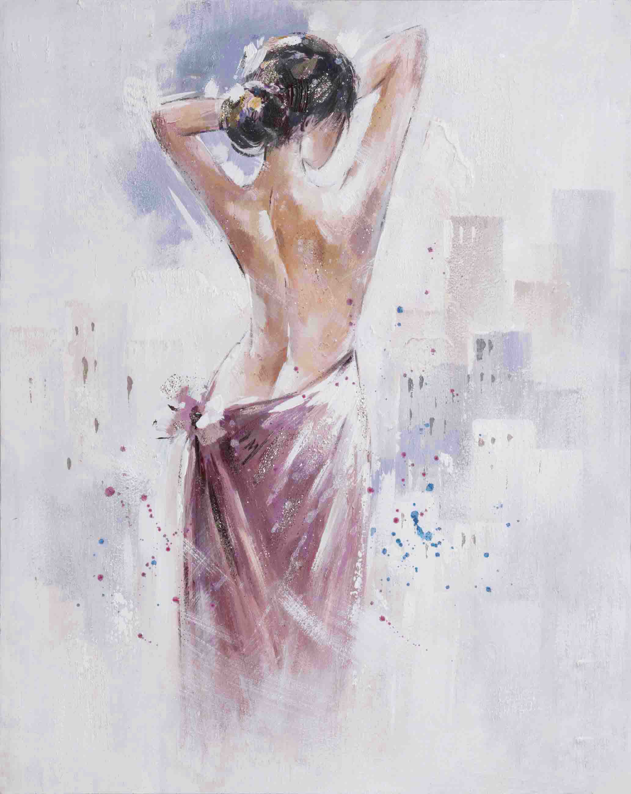 PXYW675 Wall décor art oil on canvas figures lady in evening dress pink grey tones